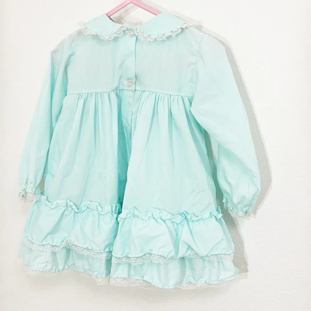 VINTAGE Alexis Dress Lace/Ribbon Soft Blue/Green Embroidered Trim Size 24 Months